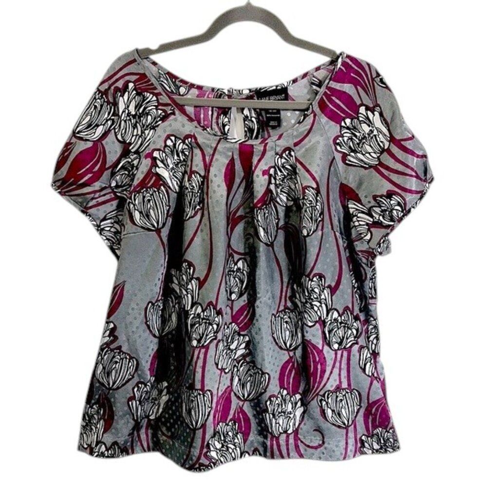 Lane Bryant Gray Floral Short-Sleeve Blouse with Magenta Accents